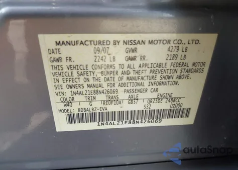 2008 Nissan Altima 2.5 S z USA, uszkodzony, nr VIN 1N4AL21E88N426069